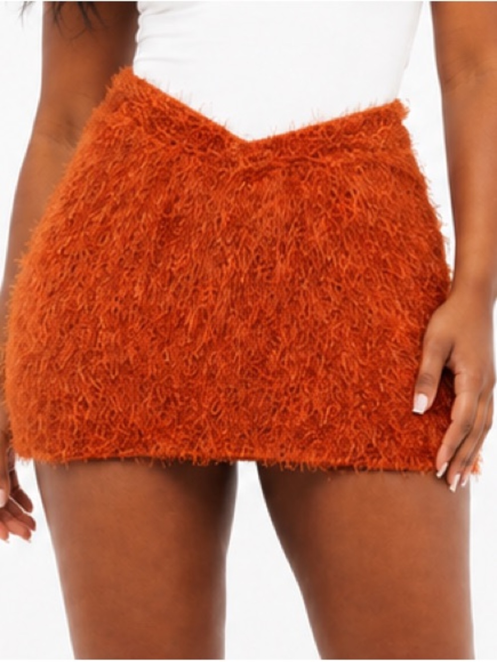 Coucoo V-Front Rust Orange Fuzzy Mini Skirt